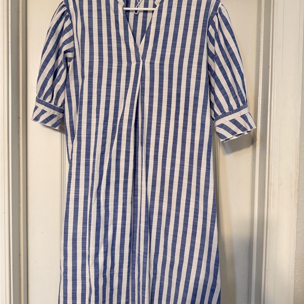 Amazon Blue & White Vertical Stripe V-Neck Mini Dress